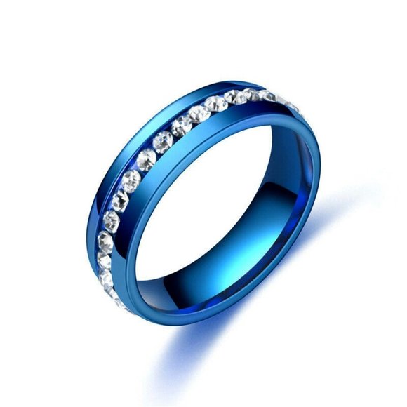 Jewelry - Blue Stainless Steel White Crystal 6mm Ring Unisex